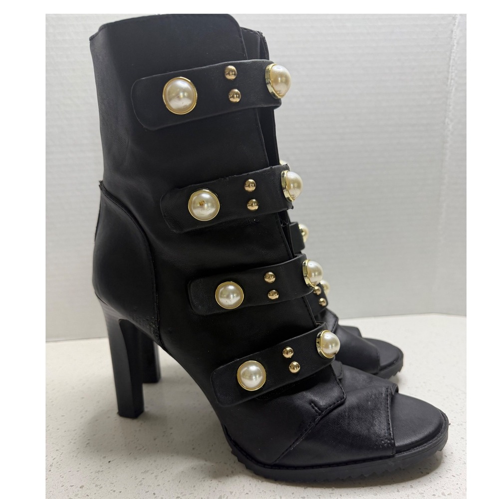Karl Lagerfeld Paris Brittie Black Pearl Studded Open Toe Ankle Boots 10M